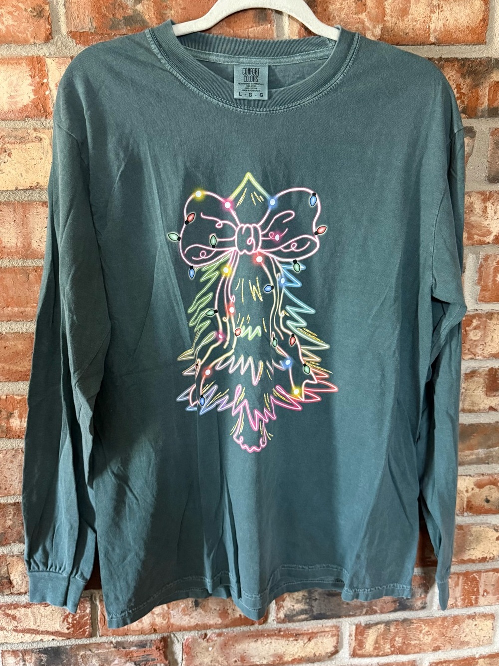 Comfort Colors Green Long-Sleeve Tee with Neon Tree with Bow and Lights Graphic
